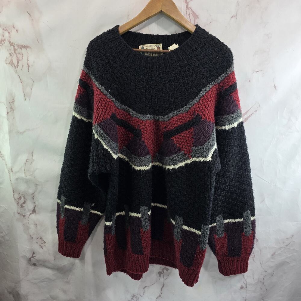 Vintage Sweater Mens Medium Black Red Crew Neck 90s 80s Wool Mohair Geo Thick